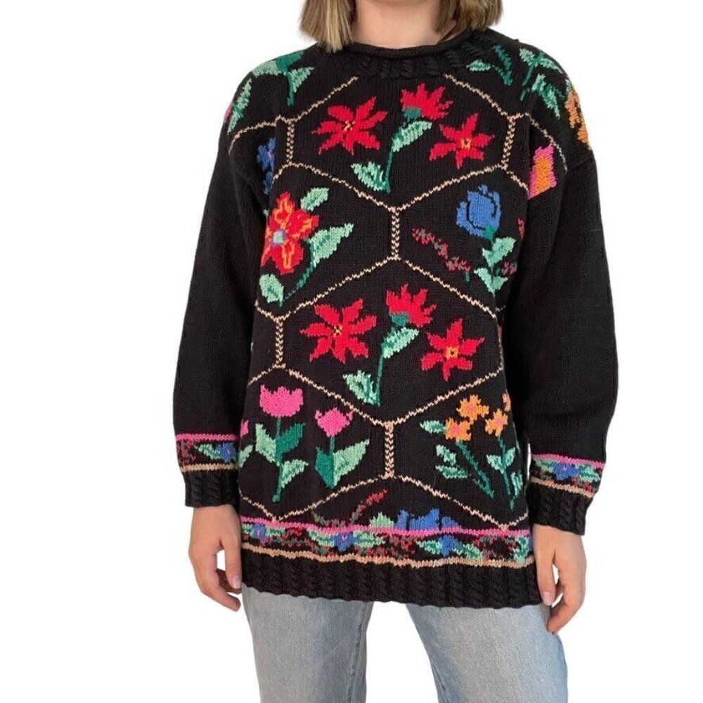 Vintage 1980s Hunt Club Hand Knit Floral Embroidered Oversized Grandma Sweater